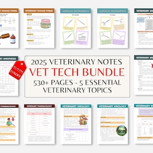 May include: A digital collection of 530+ pages of veterinary study notes titled 2025 Veterinary Notes Vet Tech Bundle. The bundle covers five essential topics including dosage forms, surgical instruments, anesthesia, pharmacology, and virology.