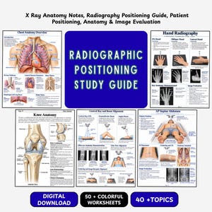 Może przedstawiać: Przewodnik do nauki pozycjonowania radiograficznego zawierający 50 kolorowych arkuszy i 40 tematów. Dokument zawiera notatki z anatomii rentgenowskiej, przewodniki pozycjonowania, układanie pacjenta oraz ocenę obrazów medycznych.