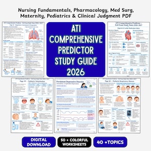 Pode incluir: Uma coleção de guias de estudo digitais intitulada ATI Comprehensive Predictor Study Guide 2026, abrangendo fundamentos de enfermagem, farmacologia, medicina, maternidade e pediatria. Inclui 50 folhas de exercícios coloridas e 40 tópicos em PDF.