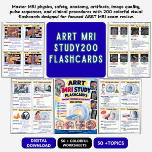 May include: A set of 200 colorful educational flashcards for ARRT MRI exam review, featuring anatomical diagrams, clinical procedures, and safety information. The collection includes a central study guide cover and multiple pages of detailed medical illustrations.
