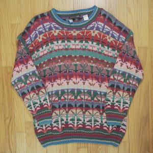 Vintage 90s Hand Knit Colorful Sweater - Large
