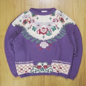 Vintage 90s Purple Grandma Floral Graphic Sweater - Large