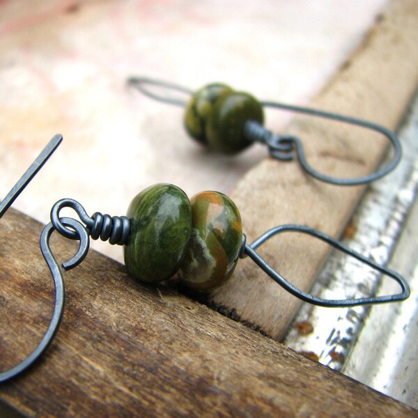 Hammered sterling silver and rhyolite earrings oxidized rustic earrings - The Edge of the Woods