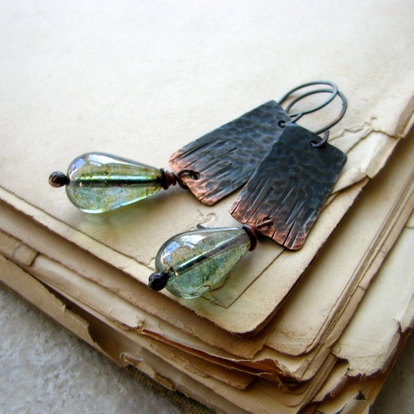 Copper earrings, hammered metal, glass beads, forest green, rustic, tree bark - Below the Canopy