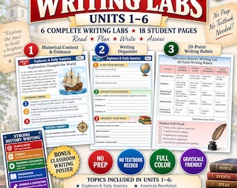 American History Writing Activities Grades 6-8 | Evidence Based Writing | Units 1-6 | No Prep. No Textbook. Rubric Included. Color or BW
