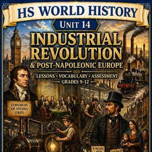 May include: A poster for HS World History Unit 14, Industrial Revolution & Post-Napoleonic Europe. The image features historical figures, a train, factories, and text including "Workers' Rights Are Human Rights".