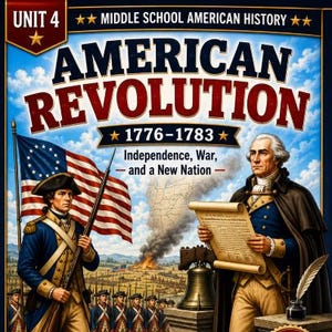 Può includere: Un poster educativo intitolato Unit 4 Middle School American History American Revolution 1776-1783 Independence, War, and a New Nation. Presenta un soldato con una bandiera, George Washington con un documento, una campana e dettagli.