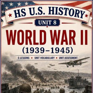 Puede incluir: Portada de un recurso educativo de Historia de EE. UU., titulado "World War II (1939-1945)". La imagen muestra soldados desembarcando en una playa, con aviones sobrevolando. Incluye "5 Lecciones", "Vocabulario de la unidad" y "Evaluación de la unidad". Para los grados 9-12.