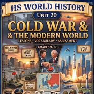 May include: An educational poster for 'HS World History Unit 20: Cold War & The Modern World'. The poster features illustrations of historical events, including the Berlin Wall and the Cuban Missile Crisis. It includes text boxes with key topics and figures.