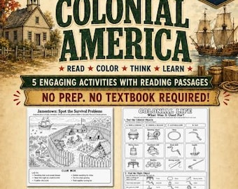 Colonial America Color and Learn  Grades 4-6 | 5 History Activities | Jamestown, 13 Colonies, Thanksgiving | Printable PDF