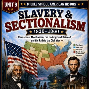May include: Educational poster titled Unit 9 Middle School American History Slavery & Sectionalism 1820-1860. Features a map of the US, portraits of Frederick Douglass and Abraham Lincoln, an American flag, a book, shackles, and a lantern.
