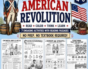American Revolution Activities, 7 Revolutionary War Worksheets, Readings & Coloring Activities, Grades 4-6 No Prep. No Textbook needed.