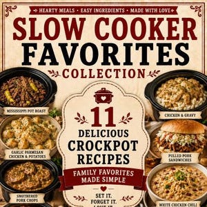 Op de afbeelding: Een receptencollectie getiteld Slow Cooker Favorites met 11 heerlijke slowcooker-recepten. De poster toont afbeeldingen van diverse maaltijden, waaronder Mississippi-braadstuk, kip met jus, pulled pork-sandwiches en appelkruimeltaart.