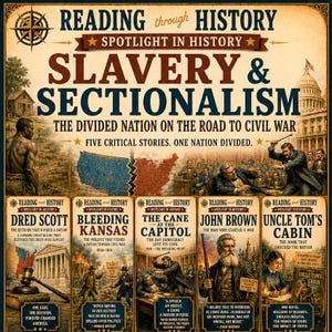 Op de afbeelding: Een vintage poster getiteld "Reading Through History" richt zich op "Slavery & Sectionalism". Het bevat illustraties en tekst over belangrijke historische gebeurtenissen, waaronder Dred Scott en Bleeding Kansas. De poster benadrukt thema's als moed, conflict en rechtvaardigheid.