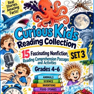 Może przedstawiać: Kolorowa okładka książki edukacyjnej zatytułowana Curious Kids Reading Collection Set 3 dla klas 4-6. Zawiera ilustracje ośmiornicy, rekina, komara, księżyca, tornada, budzika, chleba oraz sowy czytającej książkę z widocznym tekstem.