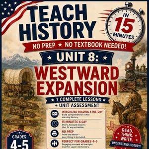 Op de afbeelding: Educatieve poster getiteld Teach History Unit 8: Westward Expansion. Met afbeeldingen van een huifkar, stoomtrein en een ruiter te paard. Bevat de tekst: No Prep, No Textbook Needed, 7 Complete Lessons, Unit Assessment, Grades 4-5, Read, Think, Write. Understand History.