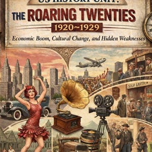 May include: A poster depicting the Roaring Twenties, 1920-1929, with illustrations of the era. It includes a flapper, vintage cars, a gramophone, and a film camera. The text reads "Economic Boom, Cultural Change, and Hidden Weaknesses." The poster is designed for educational use.