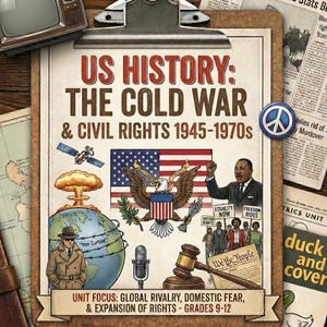May include: A clipboard with a US History lesson plan titled "US History: The Cold War & Civil Rights 1945-1970s." The plan includes illustrations of the American flag, an eagle, and Martin Luther King Jr. Also included is a vintage television and newspaper clippings.