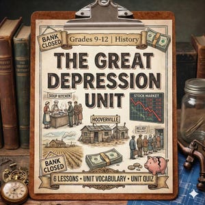 May include: An educational poster on a clipboard, titled "The Great Depression Unit." The poster features illustrations of soup kitchens, Hoovervilles, and a stock market graph. Text includes "Grades 9-12 | History" and "6 Lessons - Unit Vocabulary - Unit Quiz."