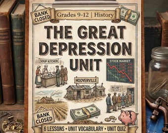 Sin preparación. Listo para imprimir. Unidad de Historia de la Gran Depresión para la preparatoria. 6 lecciones + vocabulario de la unidad + cuestionario de la unidad + claves para el profesor. No requiere libro de texto.
