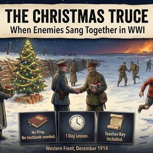 May include: An illustration of the Christmas Truce during WWI, showing soldiers exchanging gifts and playing football. The image includes text: "THE CHRISTMAS TRUCE When Enemies Sang Together in WWI." Also, text: "Western Front, December 1914."