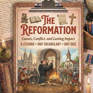Op de afbeelding: Een educatieve poster in vintage-stijl getiteld "De Reformatie" met illustraties van historische figuren, kerken en tekst. De poster bevat de tekst "Oorzaken, Conflict en Blijvende Impact" en "6 LESSEN + UNIT WOORDENSCHAT + UNIT QUIZ".