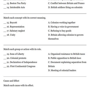 Peut inclure: Une feuille d'exercices &eacute;ducative imprim&eacute;e pr&eacute;sentant quatre sections d'exercices d'association li&eacute;s &agrave; l'histoire coloniale am&eacute;ricaine. Le texte comprend des listes d'&eacute;v&eacute;nements historiques, de concepts, de groupes et de relations de cause &agrave; effet.
