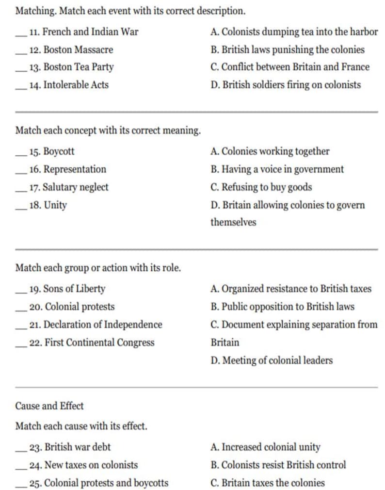 Peut inclure: Une feuille d'exercices &eacute;ducative imprim&eacute;e pr&eacute;sentant quatre sections d'exercices d'association li&eacute;s &agrave; l'histoire coloniale am&eacute;ricaine. Le texte comprend des listes d'&eacute;v&eacute;nements historiques, de concepts, de groupes et de relations de cause &agrave; effet.