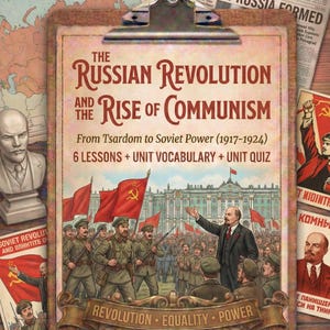 Może przedstawiać: Plakat edukacyjny w stylu vintage zatytułowany "Rewolucja Rosyjska i Wzrost Komunizmu". Plakat zawiera ilustracje żołnierzy, flag i Lenina. Tekst zawiera "Rewolucja, Równość, Władza."