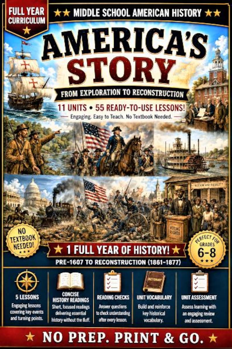 Peut inclure: Une couverture de programme intitul&eacute;e America's Story From Exploration to Reconstruction pour l'histoire am&eacute;ricaine au coll&egrave;ge. Elle pr&eacute;sente des illustrations historiques de navires, de soldats et du Capitole, avec 11 unit&eacute;s et 55 le&ccedil;ons.