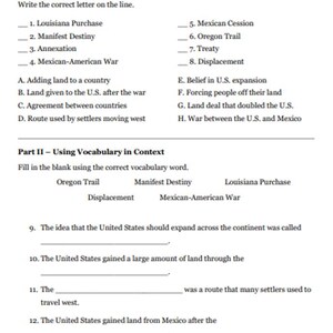 Peut inclure: Une feuille d'exercices &eacute;ducative imprim&eacute;e intitul&eacute;e Vocabulary Practice Part I - Matching et Part II - Using Vocabulary in Context. Le document pr&eacute;sente une liste de termes historiques et de d&eacute;finitions &agrave; associer, suivis de phrases &agrave; compl&eacute;ter.