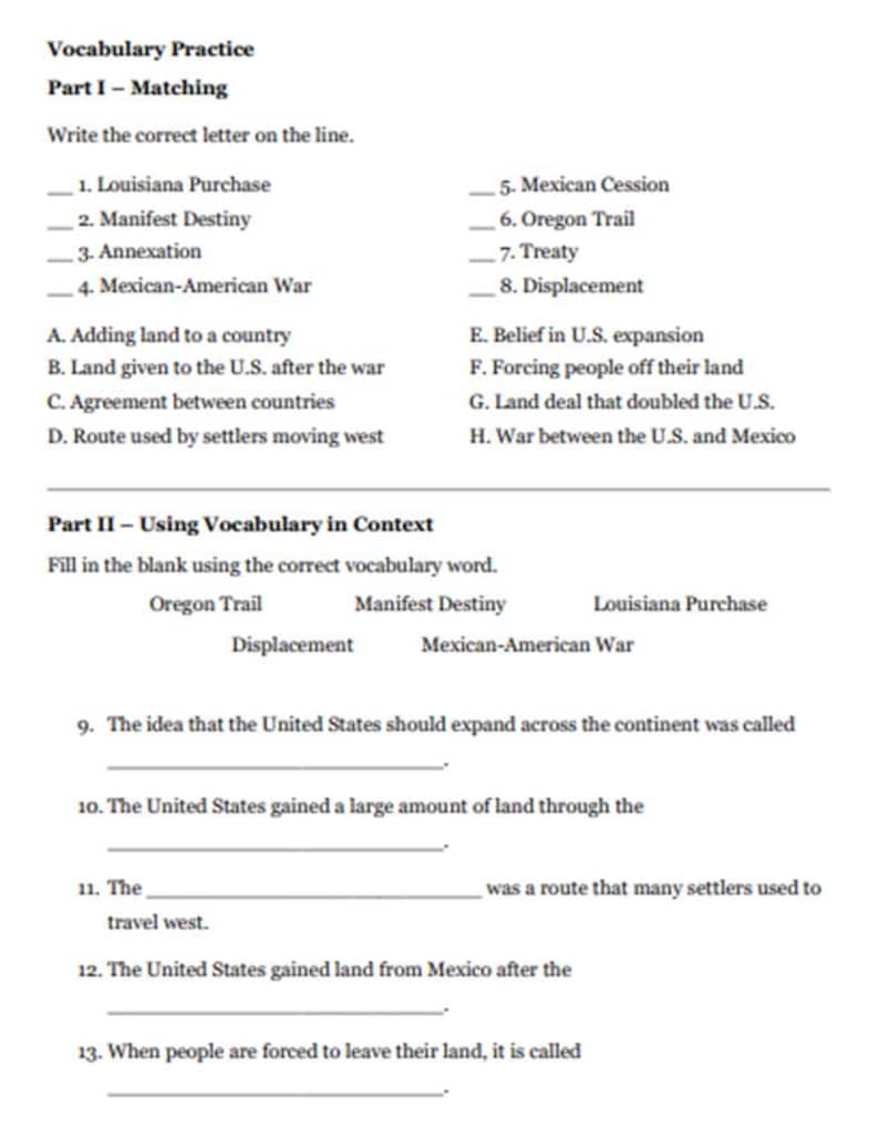 Peut inclure: Une feuille d'exercices &eacute;ducative imprim&eacute;e intitul&eacute;e Vocabulary Practice Part I - Matching et Part II - Using Vocabulary in Context. Le document pr&eacute;sente une liste de termes historiques et de d&eacute;finitions &agrave; associer, suivis de phrases &agrave; compl&eacute;ter.