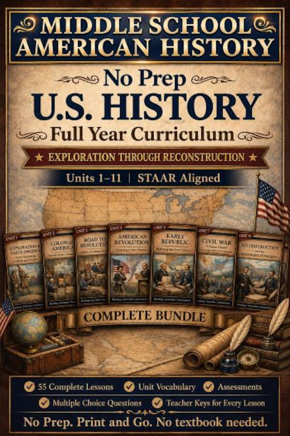 No Prep U.S. History Full Year Curriculum Bundle | Middle School American History | Exploration through Reconstruction | No textbook needed