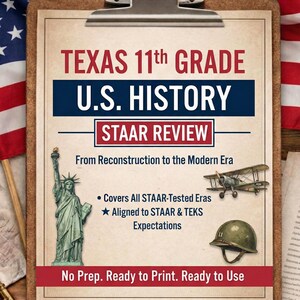 Può includere: Un appunti con un documento stampato intitolato "TEXAS 11th GRADE U.S. HISTORY STAAR REVIEW". Il documento include immagini della Statua della Libertà, di un aereo e di un elmetto militare. La bandiera americana è sullo sfondo.