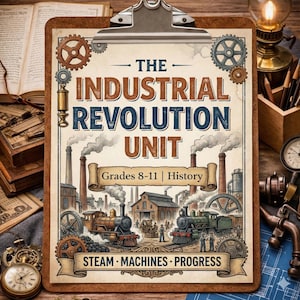 May include: A clipboard displaying an illustration titled "The Industrial Revolution Unit." The image shows steam engines, factories, and the text "Steam Machines - Progress." The unit is for grades 8-11 history.