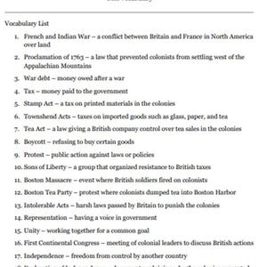 Peut inclure: Un document &eacute;ducatif imprim&eacute; intitul&eacute; Unit 3: Road to Revolution (1754-1776) Unit Vocabulary. Il &eacute;num&egrave;re 18 termes historiques et leurs d&eacute;finitions, notamment French and Indian War, Proclamation of 1763, Stamp Act et Declaration of Independence.