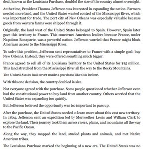 Peut inclure: Un document &eacute;ducatif imprim&eacute; intitul&eacute; Lesson 1: Louisiana Purchase (1803) Student Reading. Le texte d&eacute;taille l'acquisition historique de terres par les &Eacute;tats-Unis, mentionnant Thomas Jefferson, le fleuve Mississippi et l'exp&eacute;dition Lewis et Clark.
