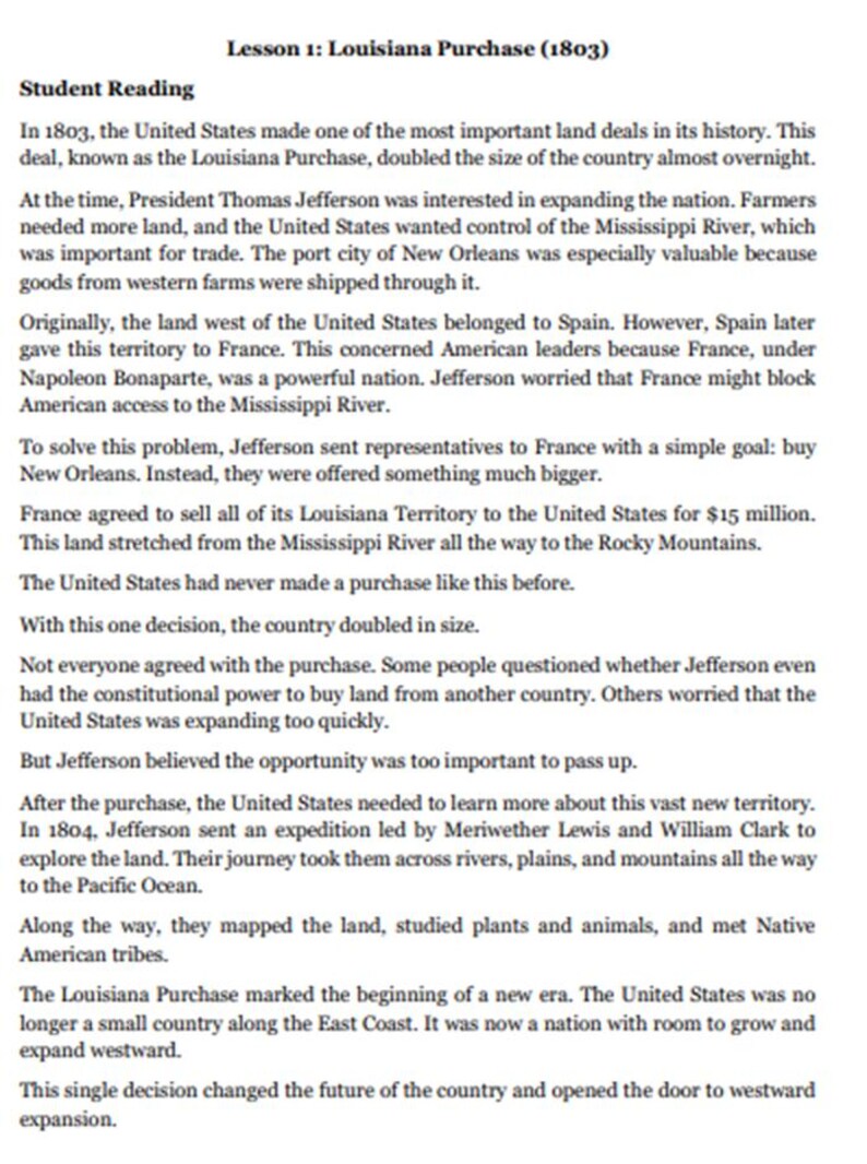 Peut inclure: Un document &eacute;ducatif imprim&eacute; intitul&eacute; Lesson 1: Louisiana Purchase (1803) Student Reading. Le texte d&eacute;taille l'acquisition historique de terres par les &Eacute;tats-Unis, mentionnant Thomas Jefferson, le fleuve Mississippi et l'exp&eacute;dition Lewis et Clark.