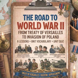 Puede incluir: Un póster educativo de estilo vintage titulado "The Road to World War II". Detalla eventos desde el Tratado de Versalles hasta la invasión de Polonia, con imágenes de líderes políticos, soldados y un tanque. El texto incluye "6 Lecciones + Vocabulario de unidad + Cuestionario de unidad".
