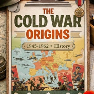 May include: A poster titled "The Cold War Origins" with a map of Europe, military imagery, and the years 1945-1962. The poster includes the text "East, West, Ideological Conflict" and is mounted on a clipboard.