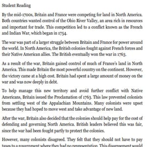 Peut inclure: Un document &eacute;ducatif imprim&eacute; intitul&eacute; Lesson 1: The French & Indian War. Le texte d&eacute;taille le conflit historique entre la Grande-Bretagne et la France en Am&eacute;rique du Nord, la Proclamation de 1763 et les tensions r&eacute;sultantes concernant la fiscalit&eacute;.