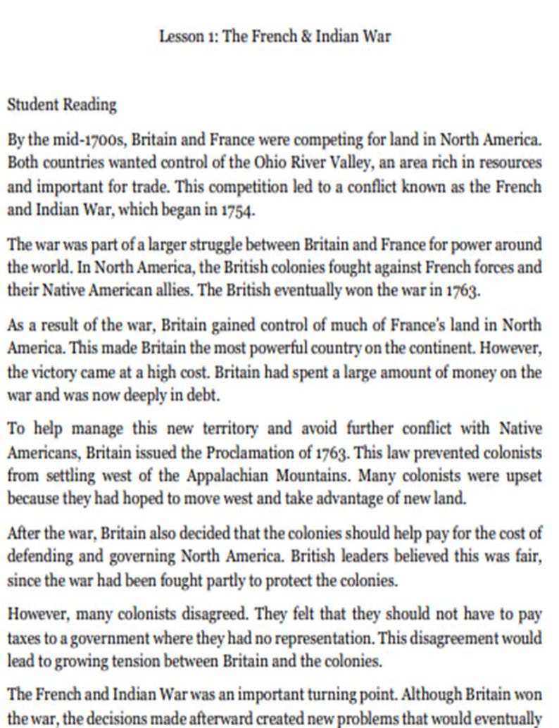 Peut inclure: Un document &eacute;ducatif imprim&eacute; intitul&eacute; Lesson 1: The French & Indian War. Le texte d&eacute;taille le conflit historique entre la Grande-Bretagne et la France en Am&eacute;rique du Nord, la Proclamation de 1763 et les tensions r&eacute;sultantes concernant la fiscalit&eacute;.