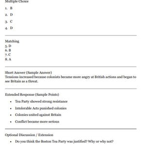 Peut inclure: Un document imprim&eacute; intitul&eacute; Teacher Key (Unit 3, Lesson 4) contenant des r&eacute;ponses &agrave; choix multiples 1-4, des r&eacute;ponses d'appariement 5-8, un exemple de r&eacute;ponse courte sur les tensions coloniales, des points de r&eacute;ponse &eacute;tendus et des questions.