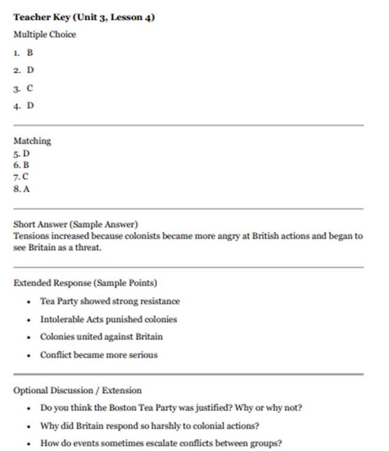 Peut inclure: Un document imprim&eacute; intitul&eacute; Teacher Key (Unit 3, Lesson 4) contenant des r&eacute;ponses &agrave; choix multiples 1-4, des r&eacute;ponses d'appariement 5-8, un exemple de r&eacute;ponse courte sur les tensions coloniales, des points de r&eacute;ponse &eacute;tendus et des questions.