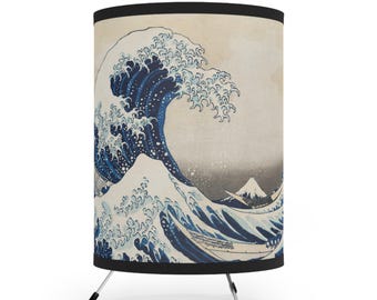 Lamp, Hokusai&#39;s The Great Wave off Kanagawa, Tripod Lamp with High-Res Printed Shade,