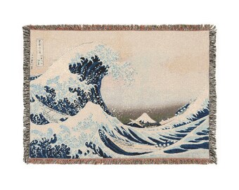 Woven Blanket, Japanese Art Blanket, Hokusai&#39;s Kanagawa Wave Design, Home Decor Throw, Great Wave Tapestry, Unique Gift for Art Lover