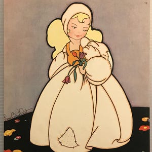 May include: A young girl in a white dress and bonnet holds a bouquet of pink and orange tulips. She is standing on a black and white patterned floor with colorful flowers scattered around her.