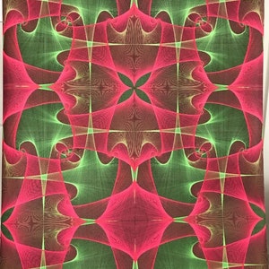 May include: Abstract geometric pattern with overlapping lines in shades of pink, green, and brown. The design is symmetrical and creates a sense of depth and movement.