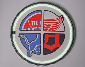 Detroit Sports Teams LED Neon Sign 12" Round Wall Light – Man Cave Decor