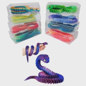 May include: A collection of articulated, segmented plastic snake toys in various colors including rainbow, green, blue, red, and purple. Each snake features a textured, flexible body and distinct eyes, with several units packaged in clear rectangular boxes.
